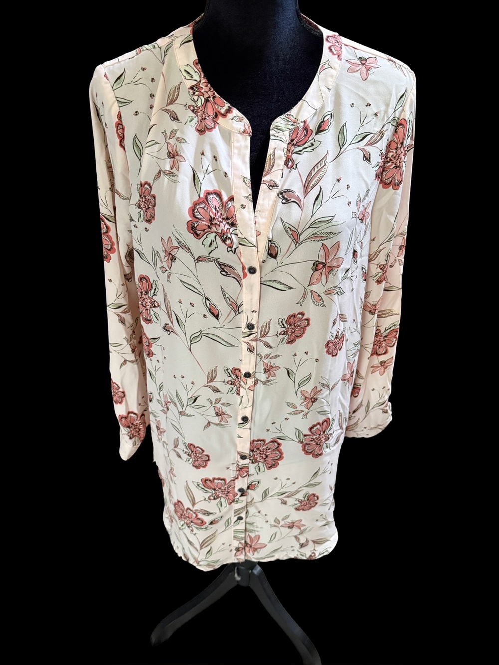 Floral Button-Front Long-Sleeve Tunic Top